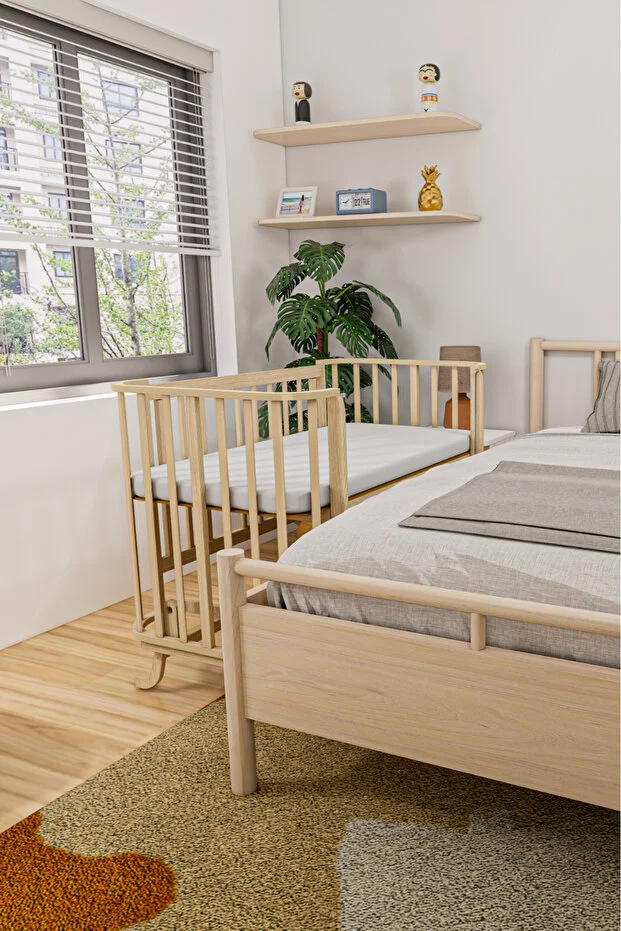 Mabela Beşik Ahşap Kahverengi Krem Örgü Koruma Set Ile